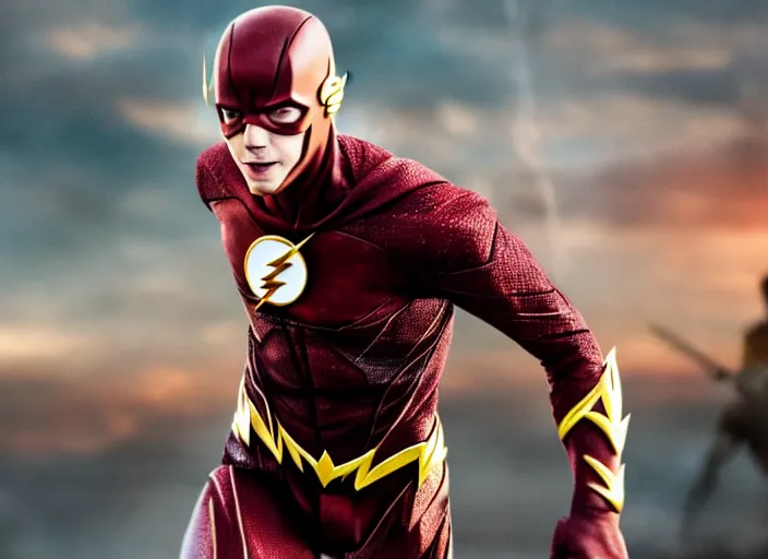 Image similar to film still of grant gustin as the flash in the new justice league!!! movie!!!, 4 k