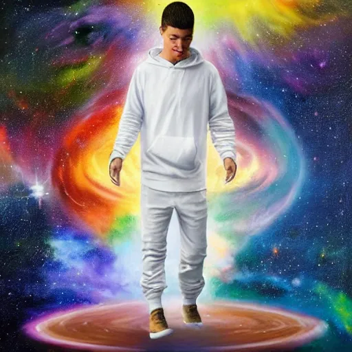 Image similar to guy with white hoodie levitates in the center of the galaxy painting