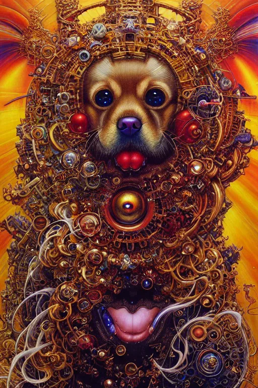 Prompt: realistic detailed image of technological golden retriever god. aerial perspective, by lisa frank, ayami kojima, amano, karol bak, greg hildebrandt, and mark brooks, neo - gothic, gothic, rich deep colors. beksinski painting, part by adrian ghenie and gerhard richter. art by takato yamamoto. masterpiece