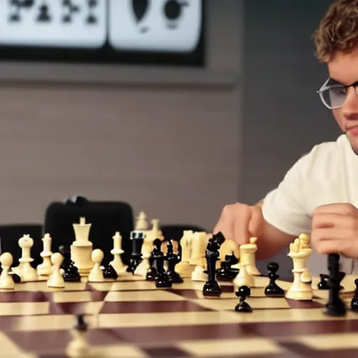 Prompt: a robot playing chess with Magnus Carlsen, photorealistic, cinematic, 4K, award-winning