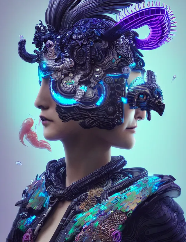 Image similar to 3 d goddess close - up profile portrait cyberpunk with ram skull. beautiful intricately detailed japanese crow kitsune mask and clasical japanese kimono. betta fish, jellyfish phoenix, bio luminescent, plasma, ice, water, wind, creature, artwork by tooth wu and wlop and beeple and greg rutkowski