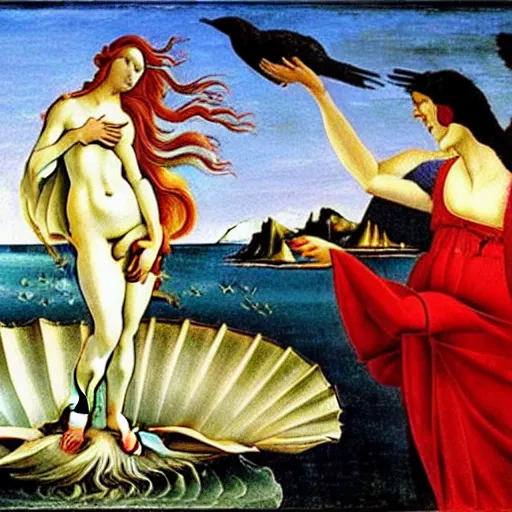 Image similar to high quality oil painting by botticelli, birth of venus with a raven bird