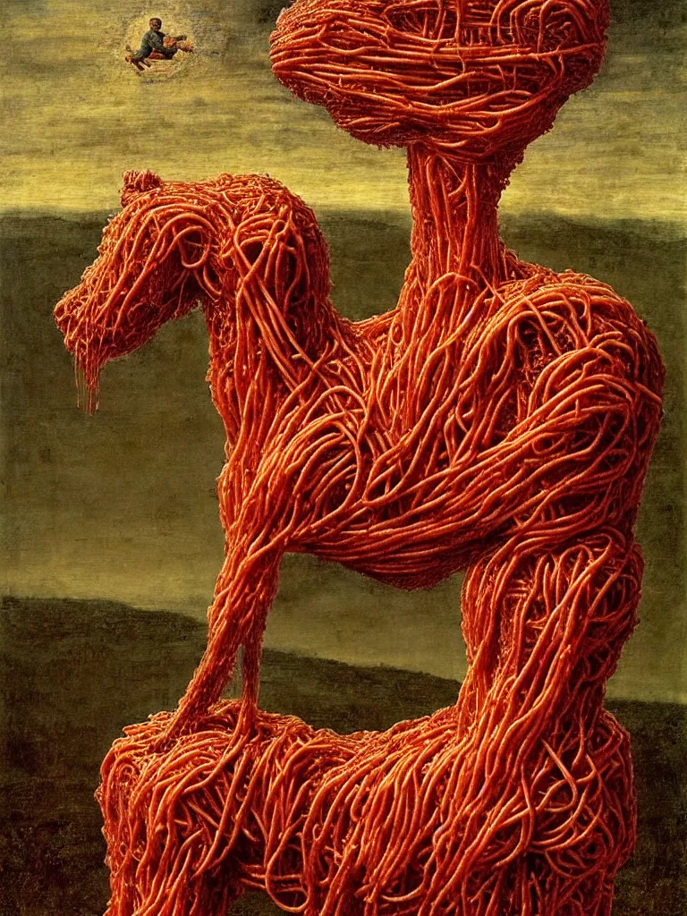 Image similar to a boy made of spaghetti and tomato sauce, sitting on top of a horse, autumn night, by giuseppe arcimboldo and ambrosius benson, renaissance, intricate and intense oil paint, a touch of beksinski and hr giger and edward munch, realistic