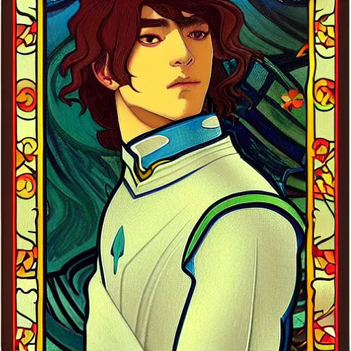 Image similar to painting of young handsome beautiful paladin elf!! man with long! wavy dark hair in his 2 0 s named taehyung minjun at the blueberry party, wearing armor!, long hair, elf ears, elegant, clear, painting, stylized, delicate, soft facial features, art, art by alphonse mucha, vincent van gogh, egon schiele,