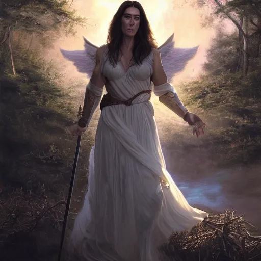 Prompt: A beautiful detailed painting of jennifer connelly as a female angel warrior, floating in a magical forest, ray traced sun light, by john sargent and Kalin Popov , Trending on artstation HD.