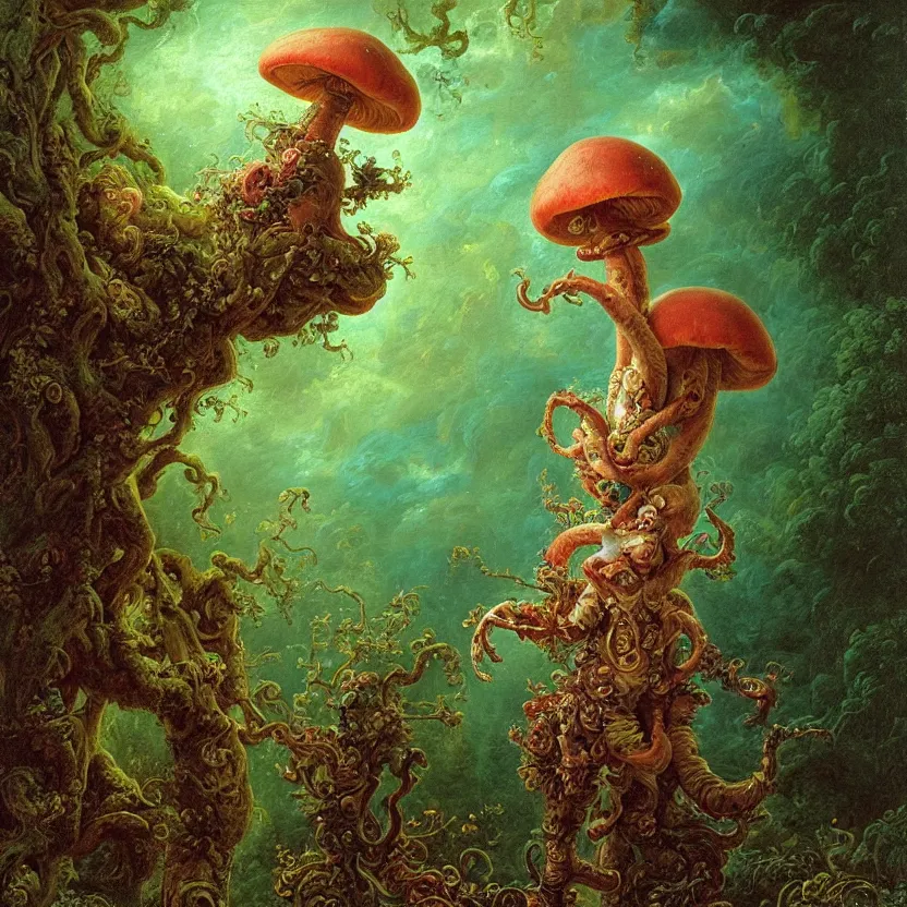 Prompt: a close - up rococo portrait of a colorful mushroom alien elf - like creature with futuristic features standing in water, moss, and swamp. glowing eyes. night time. rich colors, high contrast. gloomy, highly detailed 1 8 th century sci - fi fantasy masterpiece painting by jean - honore fragonard, moebius, and johfra bosschart. artstation