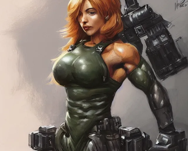 Image similar to portrait of samus aran as a very attractive female bodybuilder swat soldier, elegant, fantasy, hd shot, digital portrait, beautiful, artstation, comic style, by artgerm, guy denning, jakub rozalski, magali villeneuve and charlie bowater