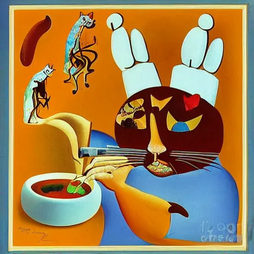 Image similar to anthropomorphic cat chef cooking a delicious colorful soup, by Salvador Dali