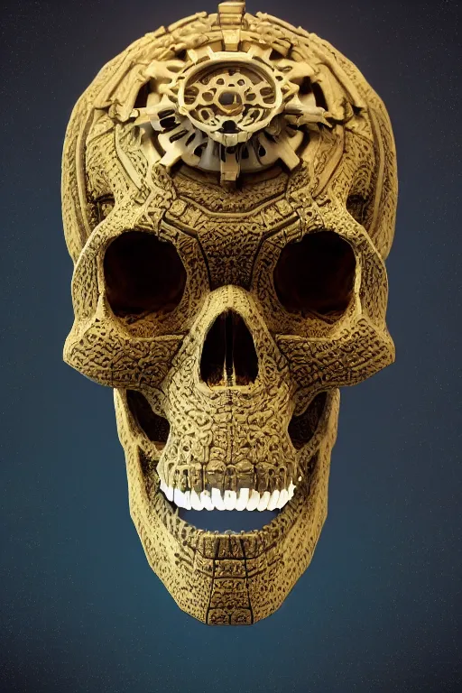 Image similar to hyperrealistic 3 d render skull, the skull is decorated with art deco gears patterns, hyperrealistic, volumetric lighting, ultra detailed, elegant, octane render, blue and gold, 8 k, trending on artstation, unreal engine