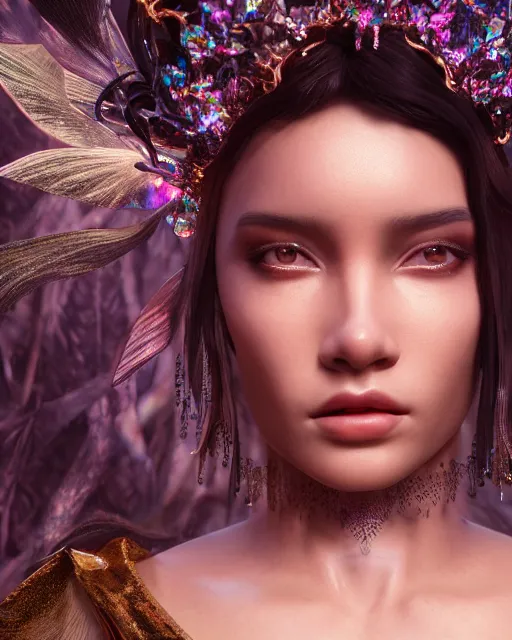 Image similar to beauteous sumptuous dark empress with incredible iridescent pearlescent voluminous hair, photorealistic crystalline masterpiece incrustations, hyperdetailed kind face, elegant pose, movie still, cinematic forest lighting, intricate accuracy, octane render, cgsociety, artgerm, unreal engine, crepuscular rays, god rays