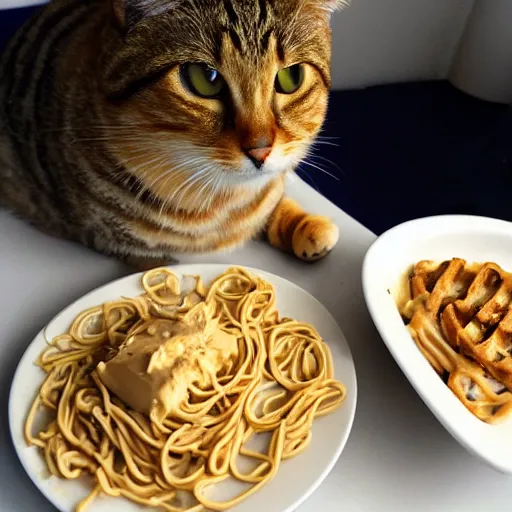 Prompt: peanut butter and noodles on toast fat tabby cat watching over the peanut butter and noodles on toast