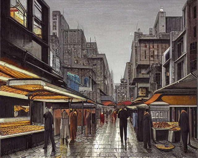 Image similar to street with food stands in a cyberpunk city on a rainy melancholy night by de chirico