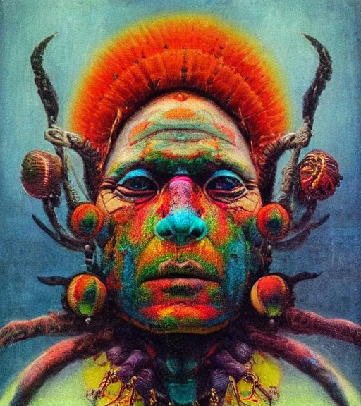 Image similar to Portrait painting in a style of Beksinski mixed with Alex Grey of an old shaman dressed in a colorful traditional clothes. Symmetry