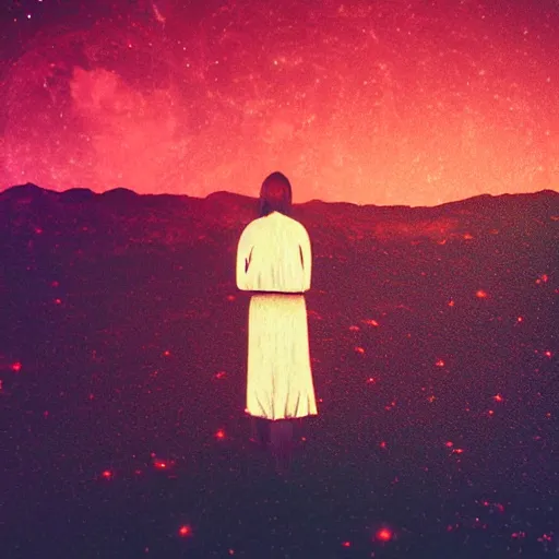 Image similar to A sad spiritual witch standing on mars looking at camera, distant background, red lighting, ominous, moonlight, bokeh, synthwave, psychedelic, glitch, acrylic, flooko, detailed,