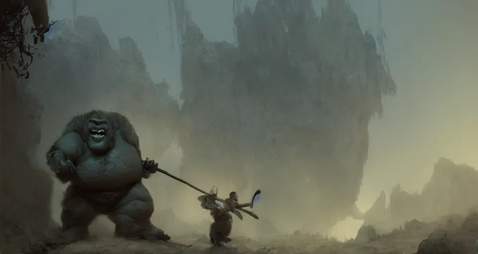 Image similar to one big giant ogre troll with a club. dust and fog atmosphere. by eddie mendoza and craig mullins. volumetric lights