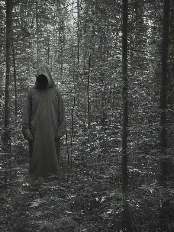 Prompt: hooded figure in cannabis forest, film photo, grainy, high detail, high resolution,