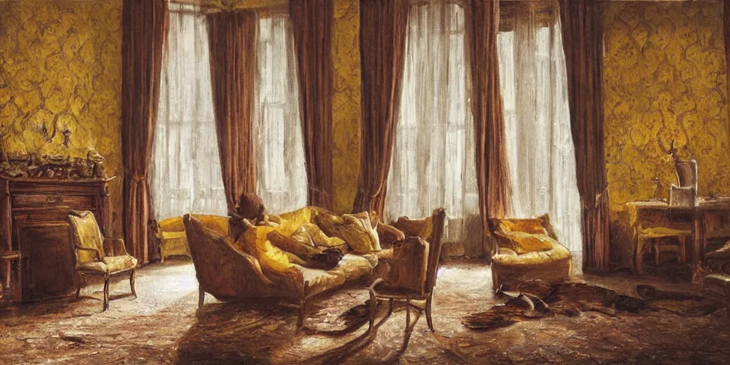 Image similar to brown cat with yellow eyes is sitting at sofa in a draw room at paris in early 2 0 th century. big room, high ceiling, high windows, atmospheric feeling, warm colours, brown colours, yellow colours, epic scene, cinematic, very detailed, hyperrealistic painting style