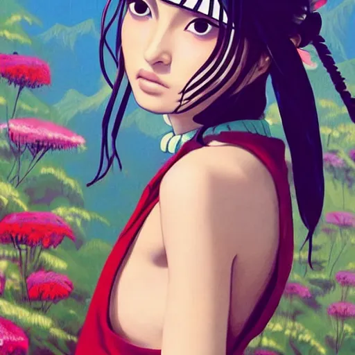 Image similar to a beautiful young japanese natalie portman alluring gravure model, stylized concept art, wearing elegant designer overalls, elegant overalls with mesoamerican patterns, mesoamerican native street fashion, princess mononoke, painted by jamie hewlett and ashley wood and mike mignola, aesthetic, gorgeous, stunning, alluring, attractive, artstation, pinterest, digital art