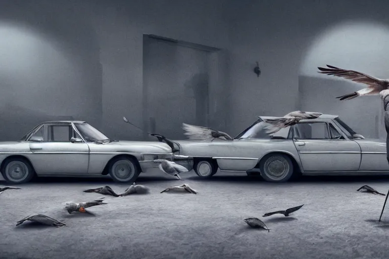 Prompt: hyperrealism aesthetic photography of detailed bird car in surreal scene from detailed art house movie in style of denis villeneuve and wes anderson