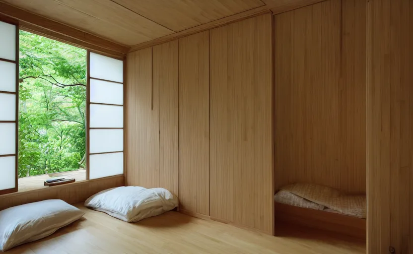 Image similar to interior of a small minimalist bedroom, japanese style, bed, cupboards, bamboo wood, pine wood, white, bright, green, windows with a view of a green park, natural materials, 8 k