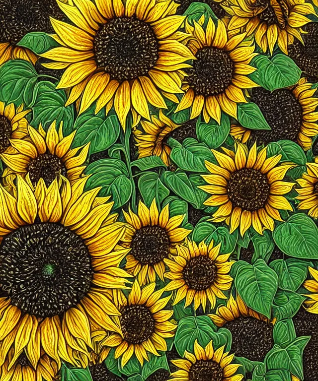 Prompt: perfectly detailed sunflowers, symmetrical, intricate, highly detailed, digital painting, smooth, sharp focus, illustration