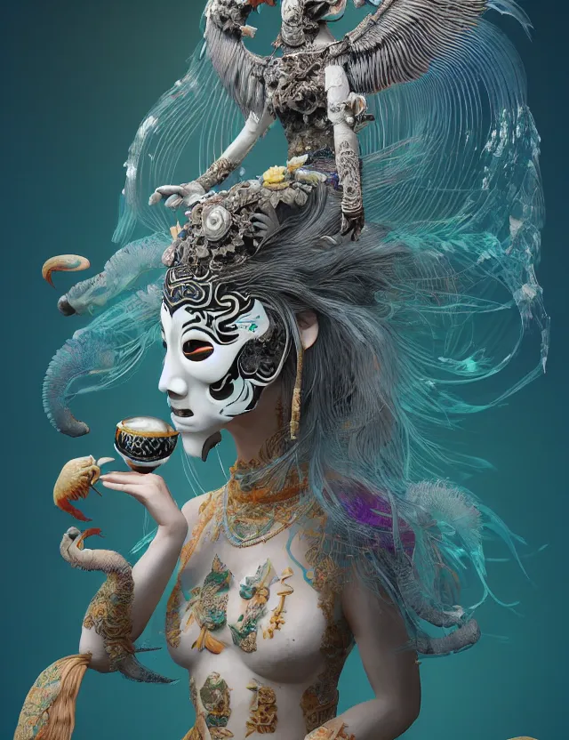 Image similar to 3 d goddess bottom - up with ram skull. beautiful intricately detailed japanese crow kitsune mask and clasical japanese kimono. betta fish, jellyfish phoenix, bio luminescent, plasma, ice, water, wind, creature, artwork by tooth wu and wlop and beeple and greg rutkowski