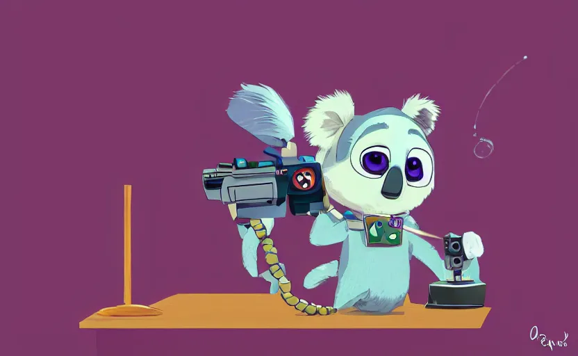 Prompt: “ cute koala with very big eyes, wearing a bandana and chain, holding a laser gun, standing on a desk, digital art, award winning, in the style of the movie zootopia ”