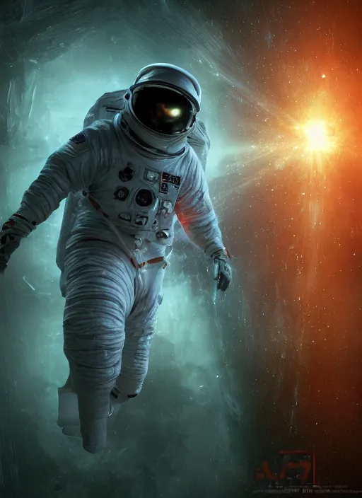 Image similar to cgi poster by craig mullins astronaut in futuristic dark and empty spaceship underwater. infrared glowing lights. complex and hyperdetailed technical suit. reflection and dispersion materials. rays and dispersion of light. volumetric light. 5 0 mm, f / 3 2. noise film photo. flash photography. unreal engine 4, octane render. interstellar movie art