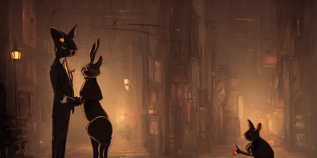 Prompt: rabbit wearing a tie is talking to a femme fatale cat in a dark alley, warm color palette, night time, dramatic lighting, noir film, character sheet, fine details, high contrast, blacksad, kim jung gi, greg rutkowski, trending on artstation, 8 k, front view, back view, ultra wide angle