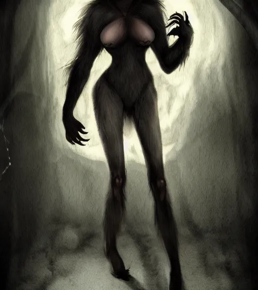 Image similar to werewolf girl in a dark bedroom, anthro, fierce, creepy