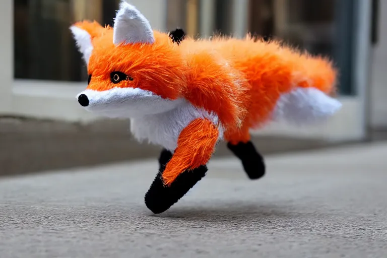 Prompt: A fabric stuffed animal toy fox plushie wagging its tail rapidly while sitting on the sidewalk, dynamic, motion blur, 1/4 shutter speed, award winning photography