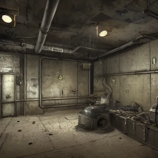 Image similar to fallout concept art vault - tec underground bunker metal walls interior render grim realistic lighting unreal engine 5
