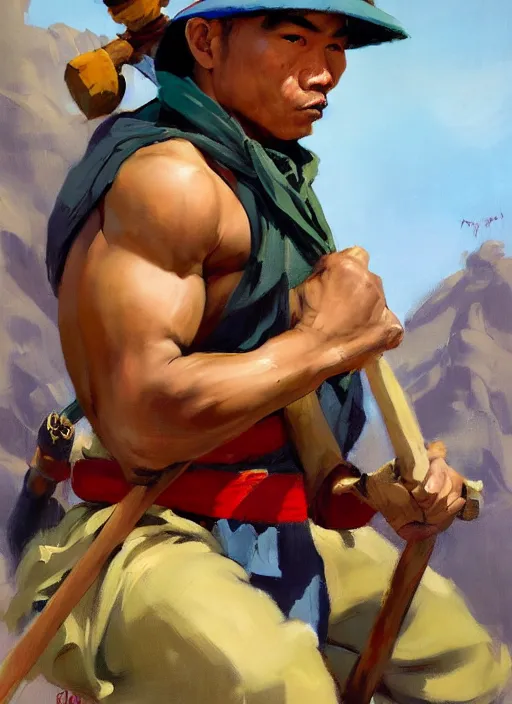 Image similar to greg manchess side portrait of a filipino fighter wearing a jester hat sitting on a tank holding a staff, organic painting, sunny day, matte painting, bold shapes, hard edges, street art, trending on artstation, by huang guangjian, gil elvgren, ruan jia, randy vargas, greg rutkowski