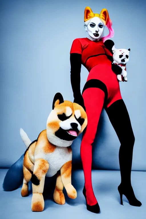 Image similar to lady gaga dressed as harley quinn attacked by plush shiba inu, plush toy, luxury materials, symmetrical, cinematic, elegant, professional studio light, real dlsr photography, sharp focus, 4 k, ultra hd, sense of awe, high fashion