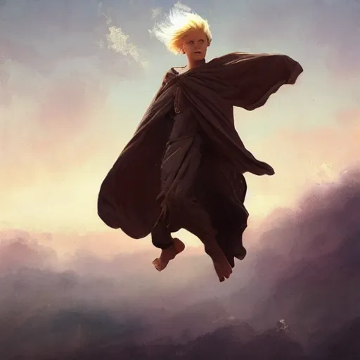 Prompt: blonde boy wearing a brown cape and flying in t pose, powerful, space background, oil painting, brush strokes, greg rutkowski