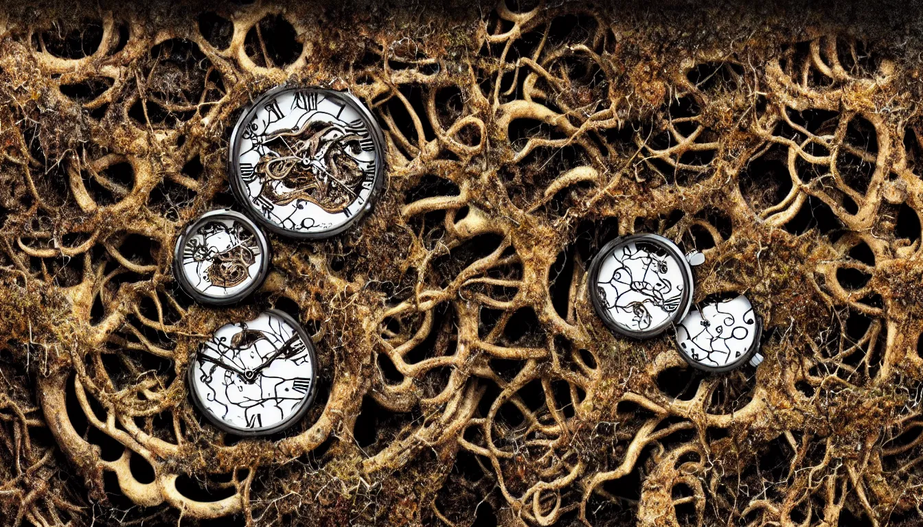 Image similar to detailed view from inside wet ink a clockwork watch bone landscape, entangled roots covered in mushrooms, cracked earth, growing living spore microorganisms, decaying, rusty, hyper realistic photo, full colour, upscale, 8 k