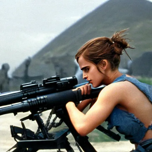 Image similar to film still, extreme far view, emma watson reloading browning 5 0 cal machine gun, film still from apocalypse now ( 1 9 7 9 ), 2 6 mm, kodak ektachrome, blue tint expired film,