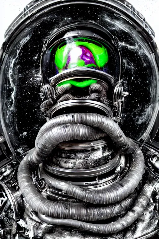 Prompt: extremely detailed studio portrait of space astronaut, alien tentacle protruding from eyes and mouth, slimy tentacle breaking through helmet visor, shattered visor, full body, soft light, disturbing, shocking realization, hyper detailed, award winning photo by eolo perfido