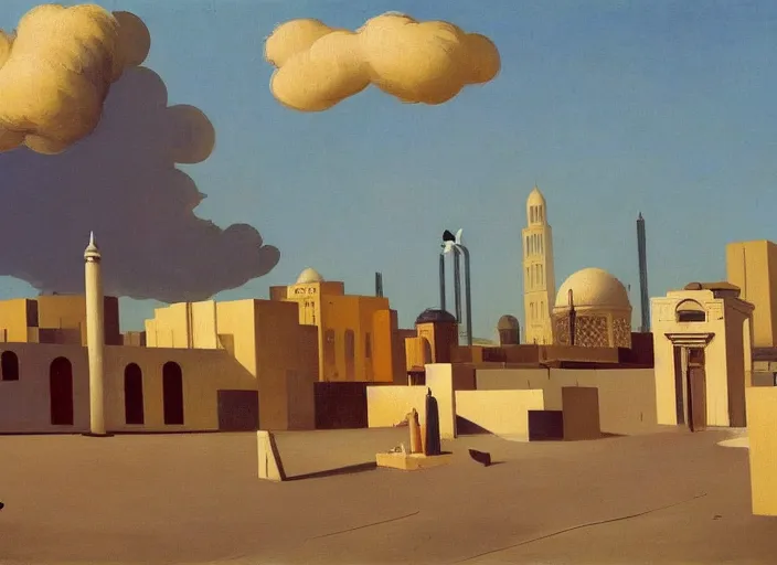 Image similar to old baghdad, clouds, bird, open ceiling, strange foreign objects, oil painting by edward hopper, chirico and rene magritte