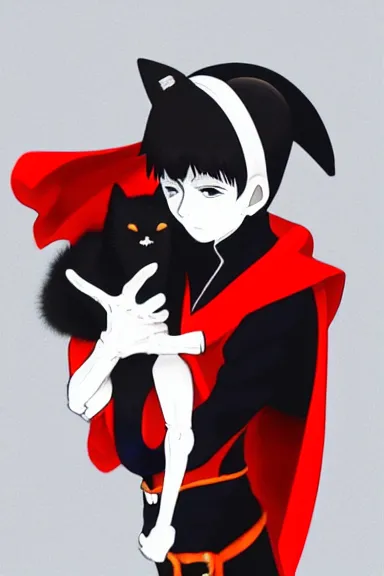 Image similar to little boy with cat ears in an black outfit with red cape. digital artwork made by lois van baarle and kentaro miura, sharpness focus, inspired by hirohiko araki and noir film, anatomically correct, heroic composition, hero pose, smooth