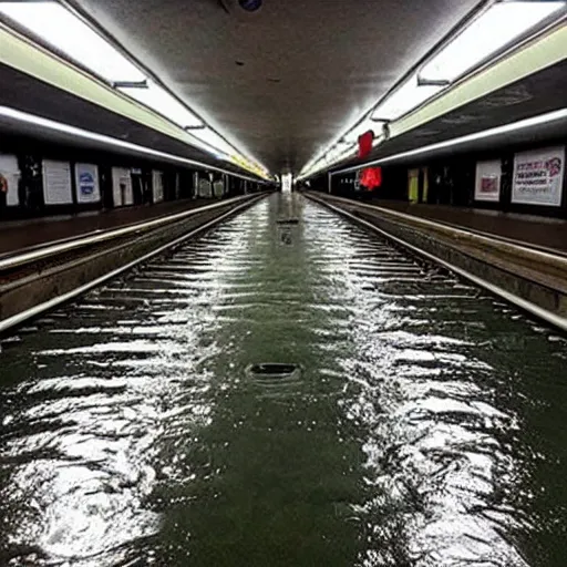 Image similar to photo of a subway station, the floor is flooded with one meter deep water. eerie