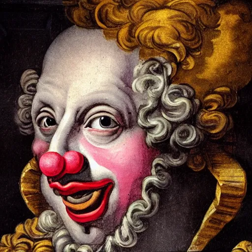 Image similar to baroque rococo fresco of a clown high detail