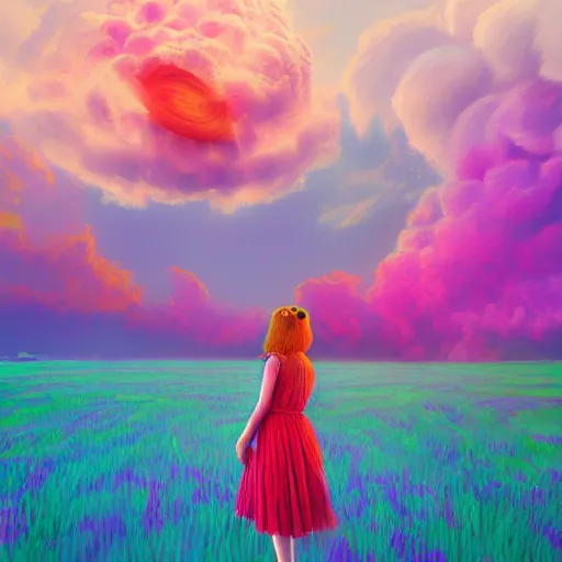 Image similar to giant dahlia flower as head, full body girl standing in a flower field, surreal photography, sunrise, dramatic light, impressionist painting, colorful clouds, digital painting, artstation, simon stalenhag