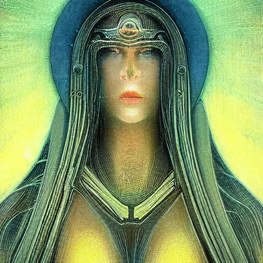 Prompt: “realistic picture of a woman goddess matrix cyberpunk alien divine deity in the style of Jean Delville”
