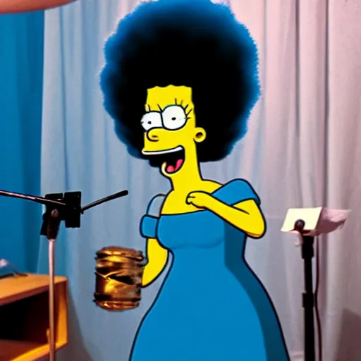 Prompt: Marge Simpson in a recording booth singing and banging a tambourine.