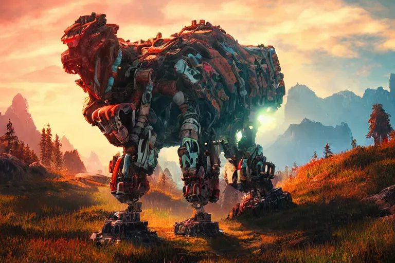 Image similar to tremortusk machine mecanical creature robot of horizon forbidden west horizon zero dawn radiating a glowing aura global illumination ray tracing hdr fanart arstation by ian pesty and alena aenami artworks in 4 k