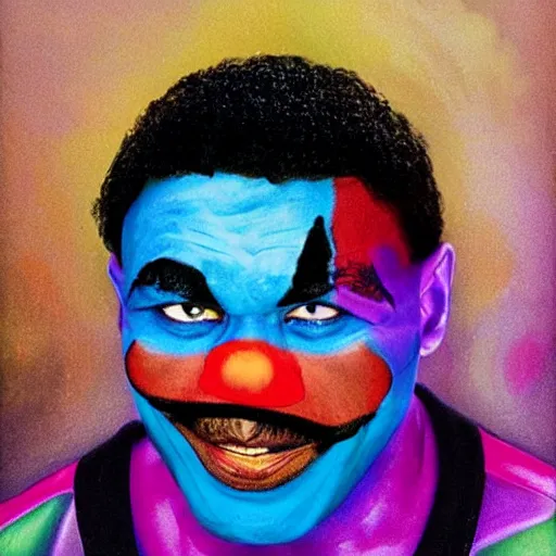 Image similar to UHD photorealistic Cosmic Mike Tyson wearing a clown costume with real clown makeup in the style of tonalism