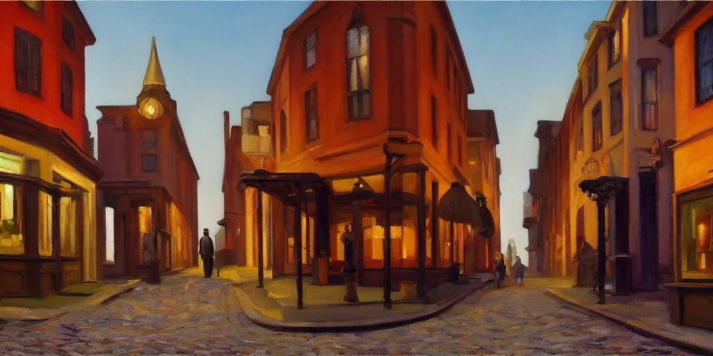Prompt: a beautiful oil painting of a steampunk city cobblestone streets, painted by Edward Hopper, colorful, 4k,Trending on artstation