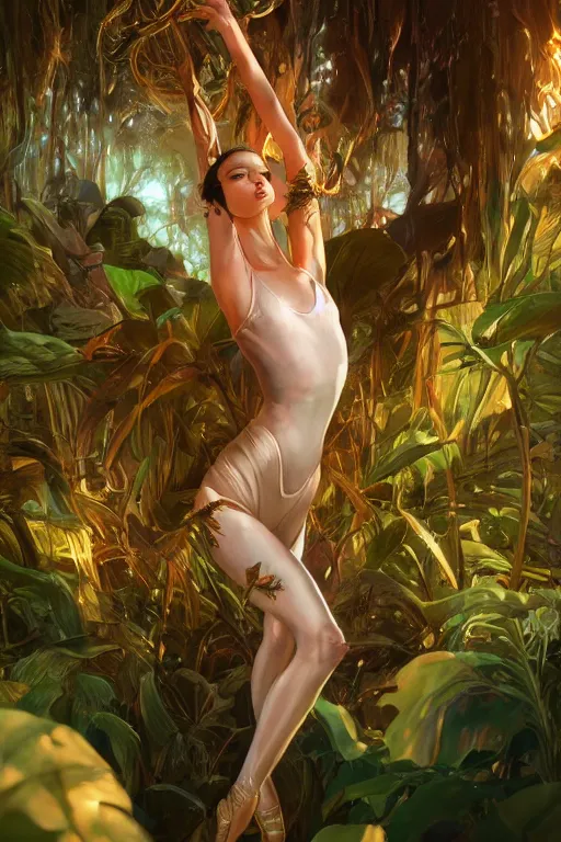 Image similar to stunningly beautiful, cyber prima ballerina in jungle, symmetrical face, golden hour, smooth, focus, highly detailed, hyper realistic, dramatic lighting, elegant, intricate, concept art, art by wlop, mars ravelo, greg rutowski, artstation