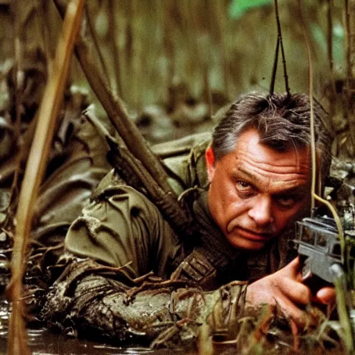 Image similar to film still of viktor orban as major dutch, covered in mud and hiding from the predator predator predator in swamp scene in 1 9 8 7 movie predator, hd, 4 k